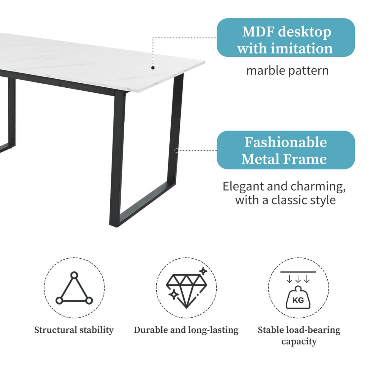 4-6 Seater Extendable Dining Table - Modern White Marble Effect Tabletop with Sturdy Metal Legs