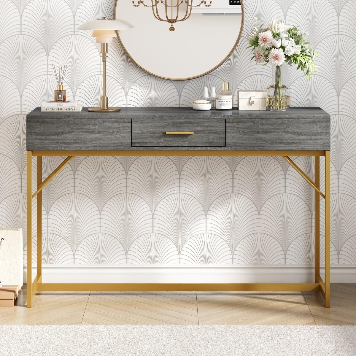 Grey & Gold Console Table with Drawer – Modern Luxury Hallway Table