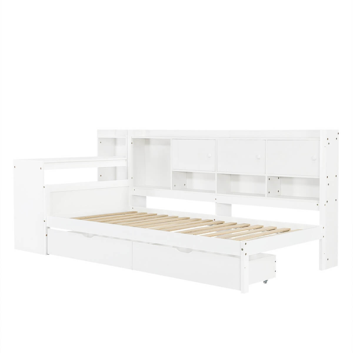 3ft Single Daybed with Storage Drawers & Bookcase – White Wooden Bed Frame with Desk and Charging Station