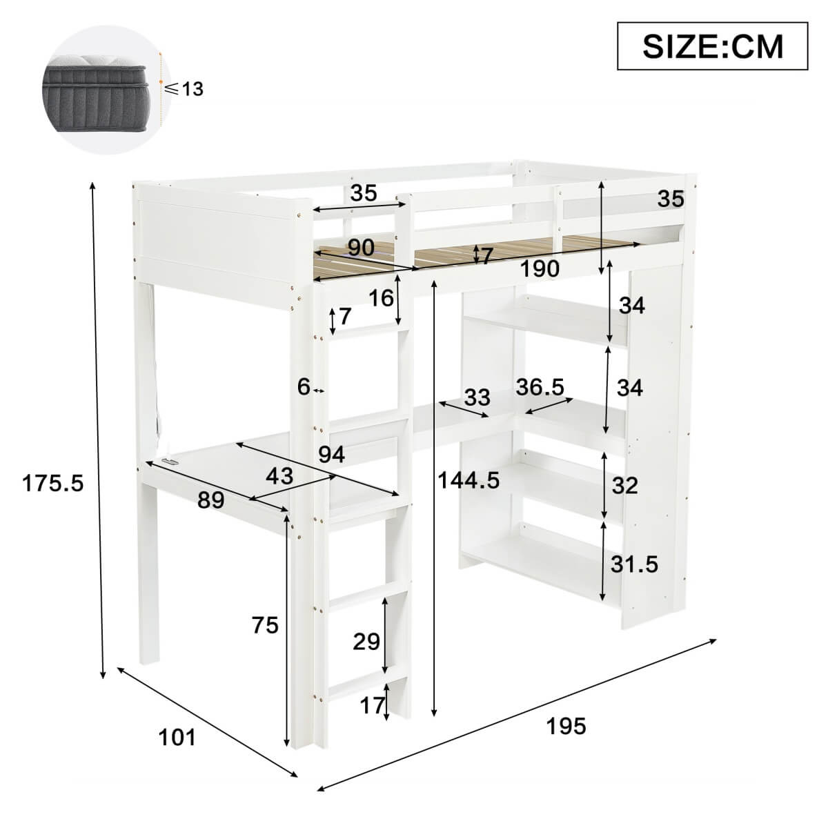 3ft Single Wooden Loft Bed - Bunk Bed with LED Lights, Charging Ports, Storage Shelves, Desk & 5-Step Ladder, White