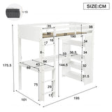 3ft Single Wooden Loft Bed - Bunk Bed with LED Lights, Charging Ports, Storage Shelves, Desk & 5-Step Ladder, White