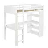 3ft Single Wooden Loft Bed - Bunk Bed with LED Lights, Charging Ports, Storage Shelves, Desk & 5-Step Ladder, White