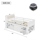 3ft Single Wooden Storage Bed for Kids - Bed Frame with Safety Guardrails, 2 Drawers, Storage Compartments & Upholstered Headboard, White