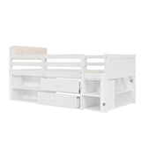 3ft Single Wooden Storage Bed for Kids - Bed Frame with Safety Guardrails, 2 Drawers, Storage Compartments & Upholstered Headboard, White