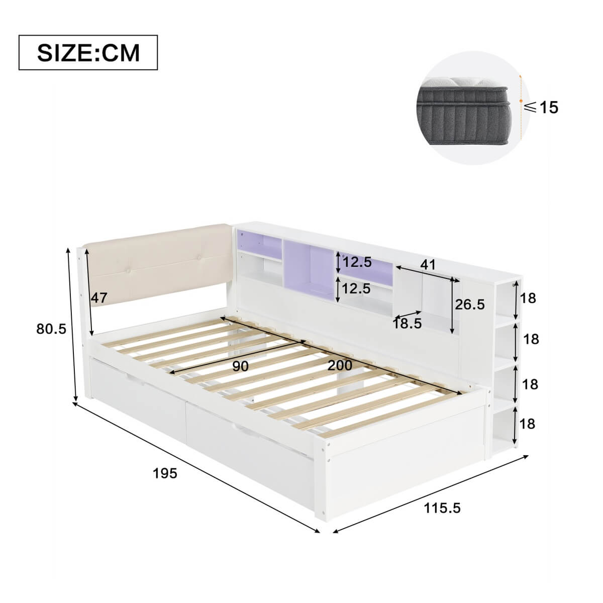 3ft Single Wooden Storage Bed with LED Lights - Bed Frame with Upholstered Headboard, Charging Port, Storage Compartments and 2 Wheeled Drawers, White