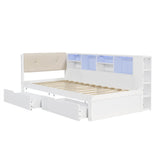 3ft Single Wooden Storage Bed with LED Lights - Bed Frame with Upholstered Headboard, Charging Port, Storage Compartments and 2 Wheeled Drawers, White