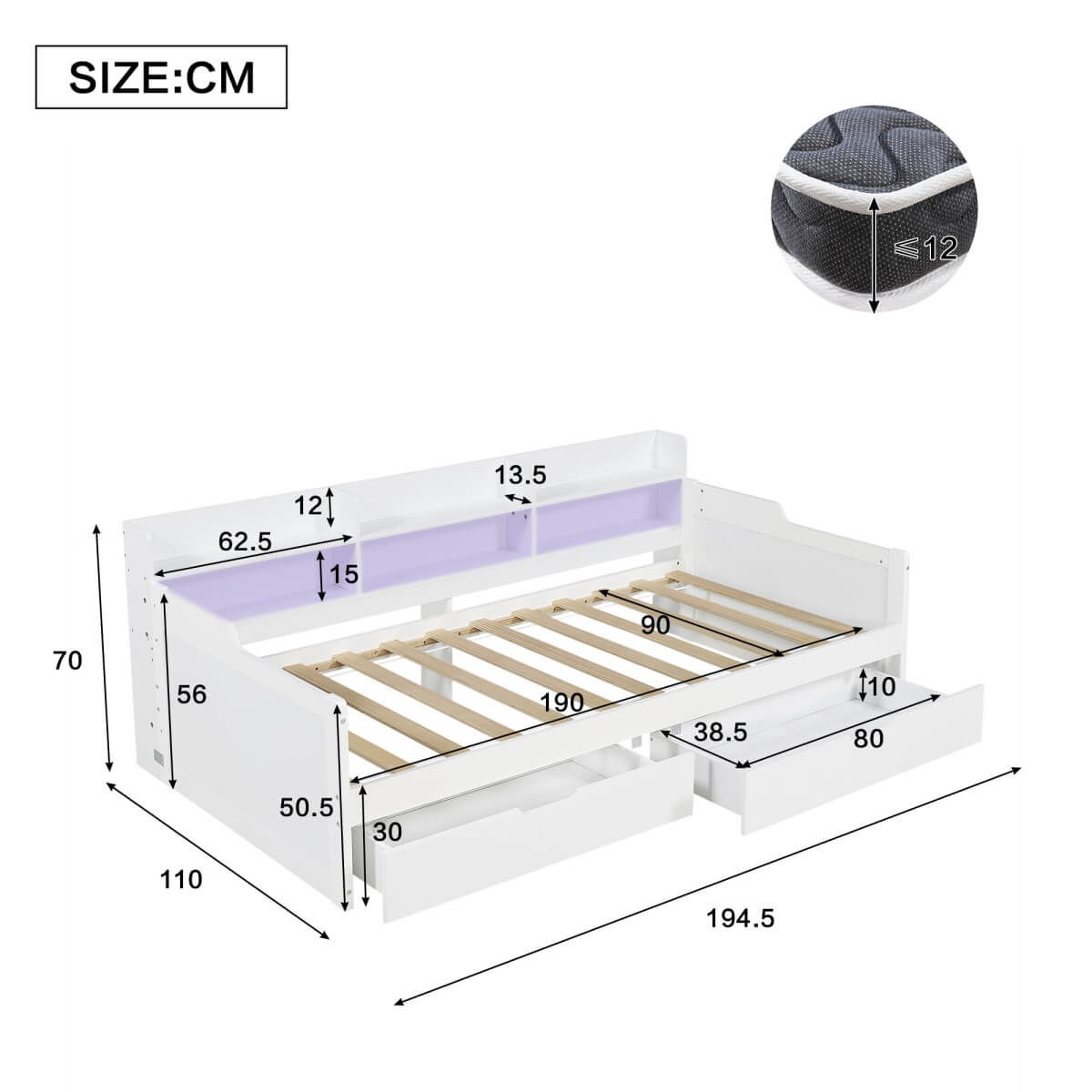3ft Single Wooden Storage Daybed with LED Strip Lights - 2 Wheeled Storage Drawers and Sturdy Slatted Base, White