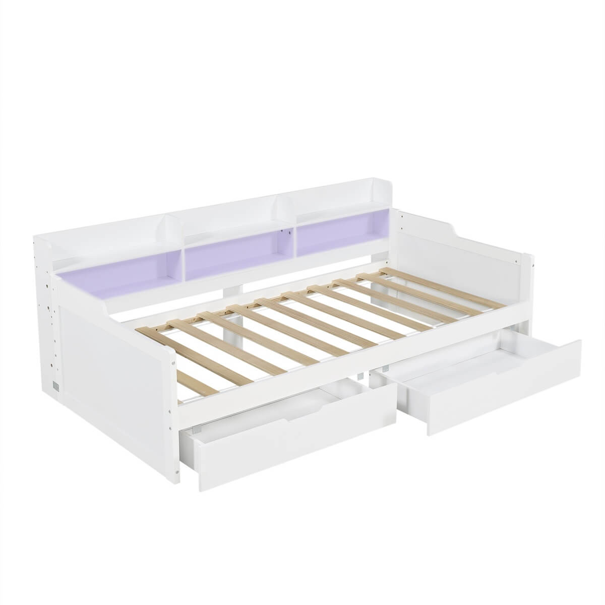 3ft Single Wooden Storage Daybed with LED Strip Lights - 2 Wheeled Storage Drawers and Sturdy Slatted Base, White