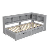 3ft Single L-Shape Daybed with 2 Storage Drawers & Bookcase - Modern Wooden Bed Frame with Charging Station, Grey