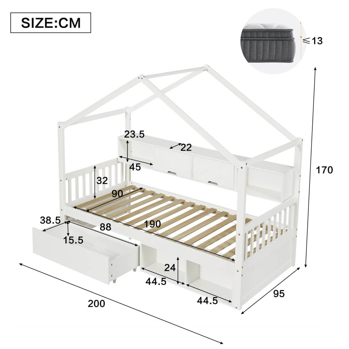 3ft Single Children’s Storage Bed with Safety Guardrail & Wheeled Drawer - House-Shaped Pine Wood Bed Frame with Storage Compartments, White
