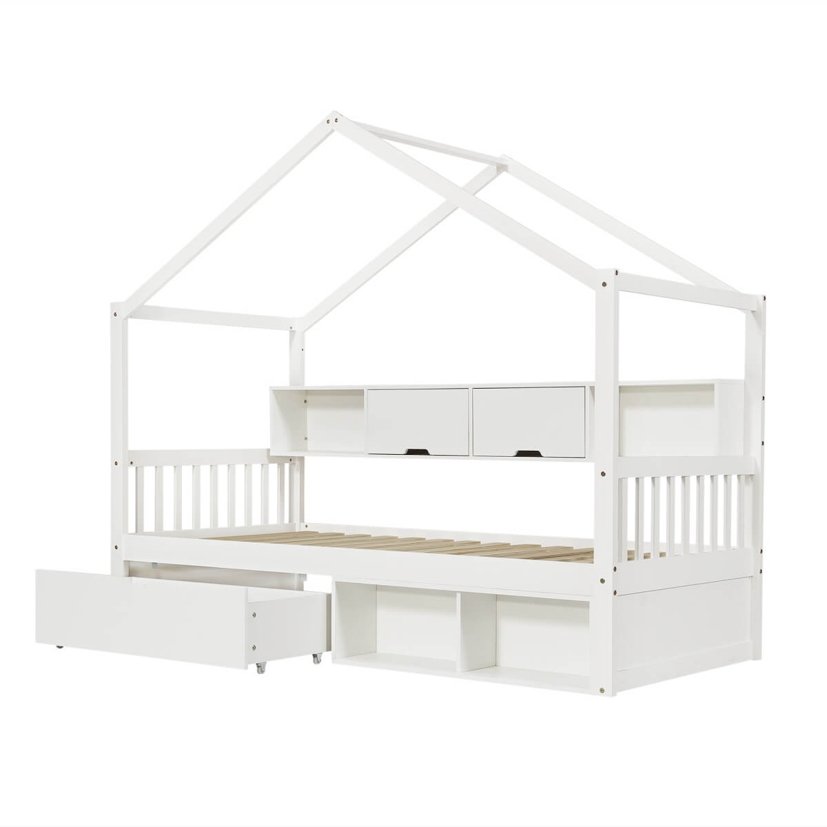 3ft Single Children’s Storage Bed with Safety Guardrail & Wheeled Drawer - House-Shaped Pine Wood Bed Frame with Storage Compartments, White
