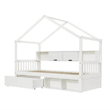 3ft Single Children’s Storage Bed with Safety Guardrail & Wheeled Drawer - House-Shaped Pine Wood Bed Frame with Storage Compartments, White