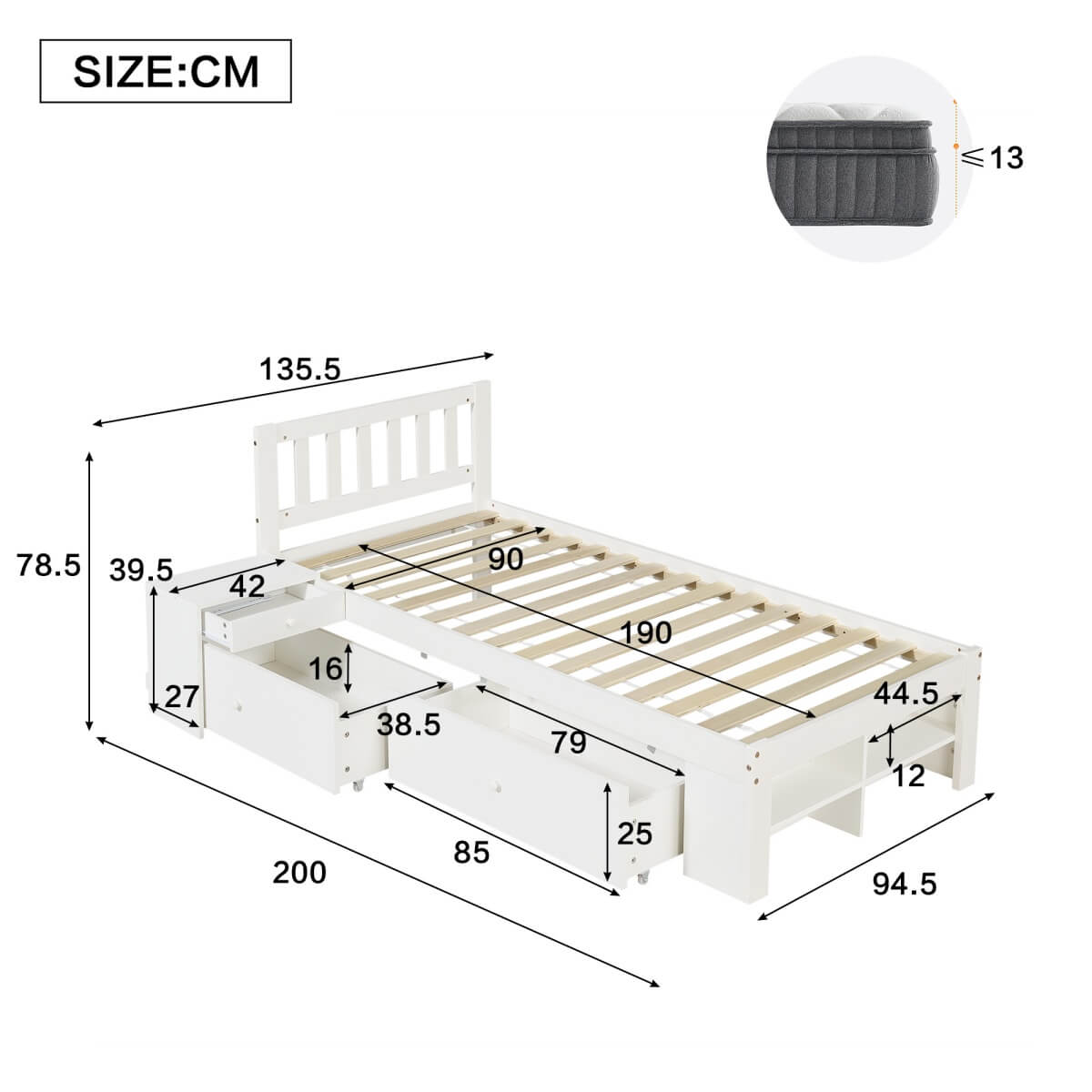 3ft Single Wooden Storage Bed with Bedside Table & 2 Drawers - Sturdy Bed Frame with Reversible Storage Compartments, White