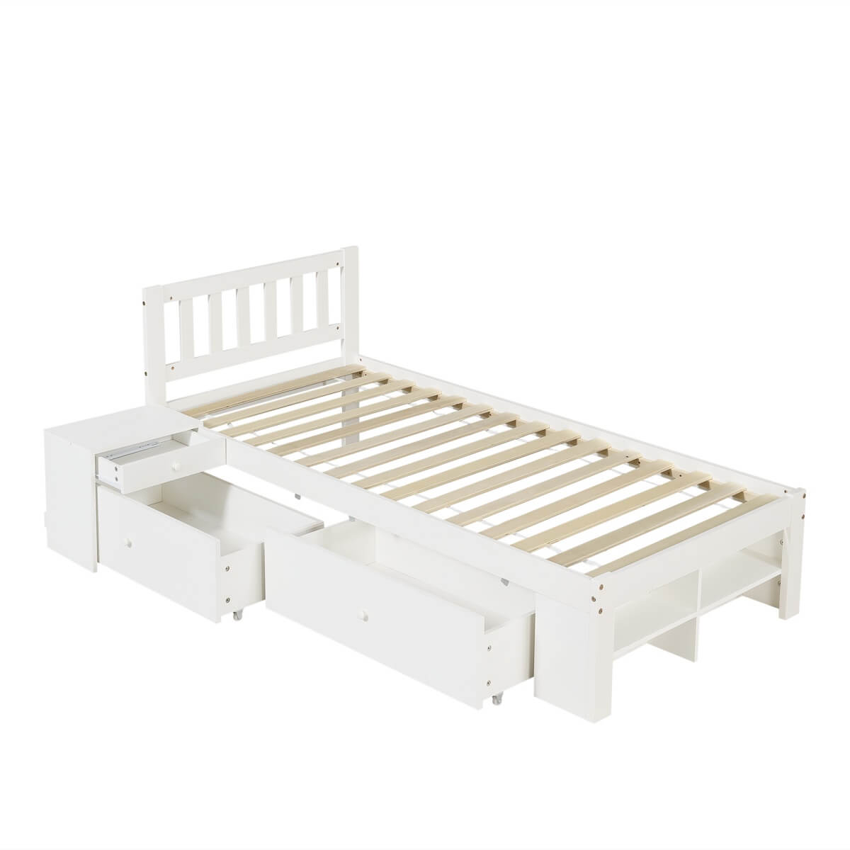 3ft Single Wooden Storage Bed with Bedside Table & 2 Drawers - Sturdy Bed Frame with Reversible Storage Compartments, White