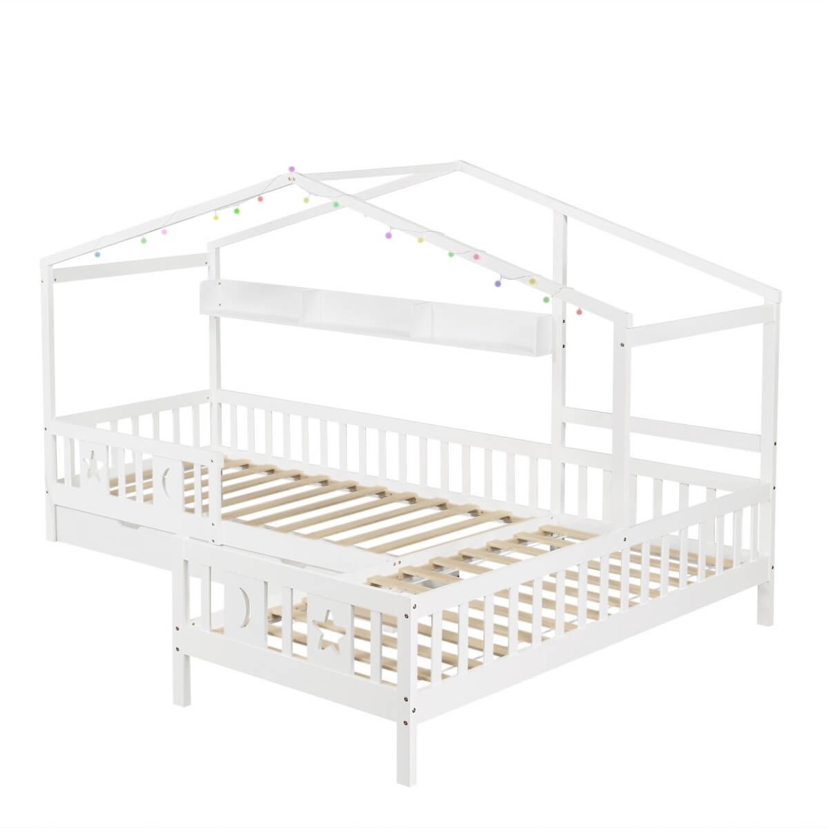 3ft Single Children's Wooden House Bed - Storage Bed with LED Strip Light, Safety Guardrail and 2 Wheeled Drawers, White