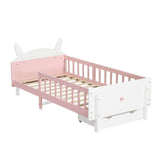 3ft Single Children's Rabbit-Shaped Bed - Wooden Storage Bed with Safety Guardrail, Drawer and Sturdy Slatted Base, White and Pink