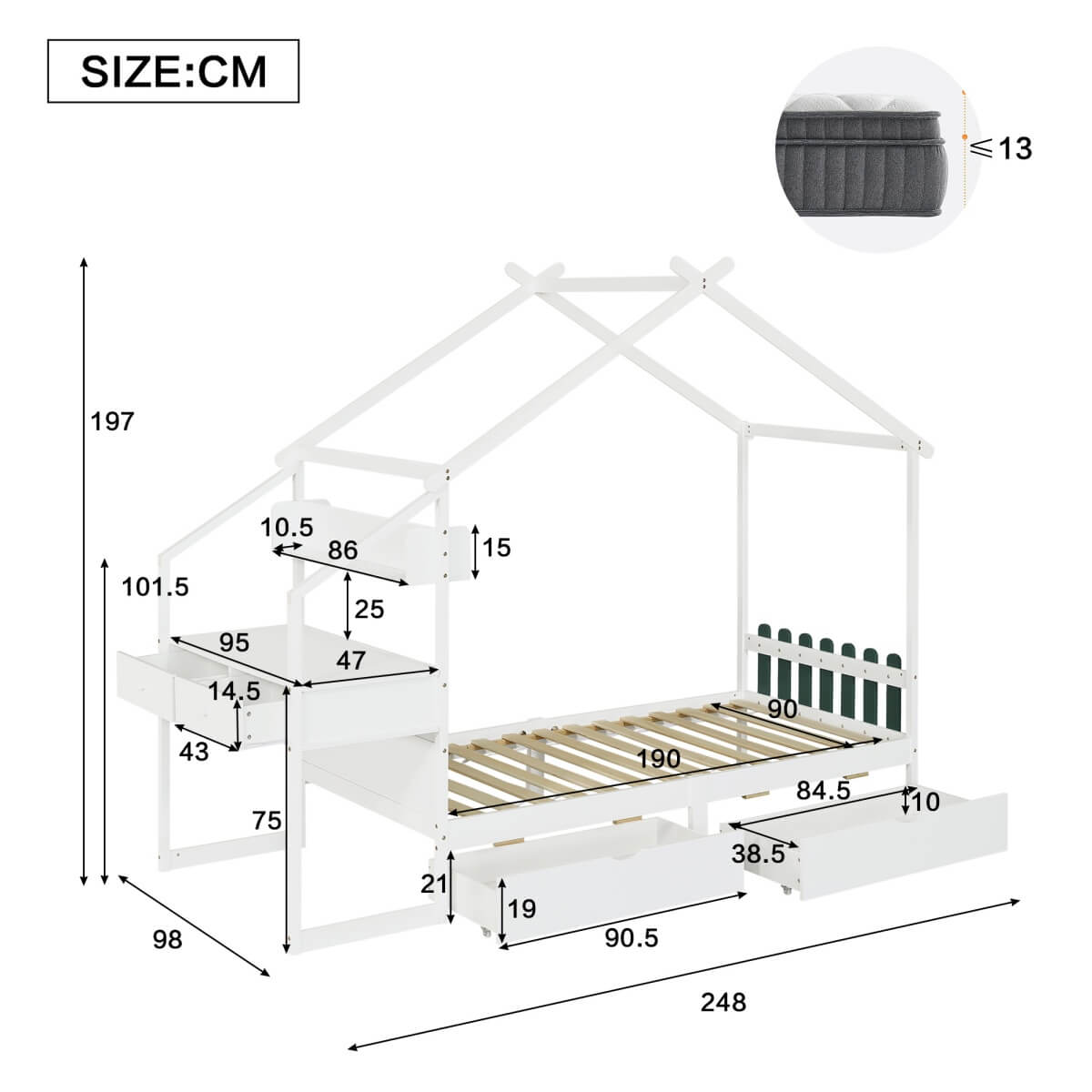 3ft Single Children's Wooden Storage Bed with Desk - Treehouse Design with Drawers, Small Shelf and Sturdy MDF and Pinewood Frame, White