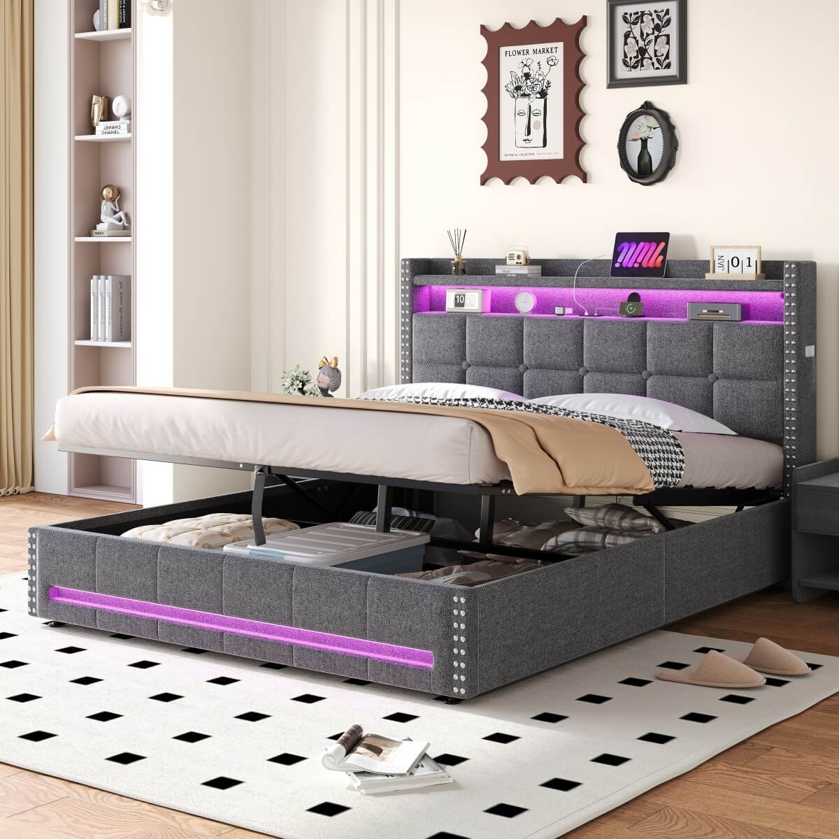 4ft6 Double Ottoman Bed Frame - LED Upholstered Storage Bed with USB & Type C Charging, Grey