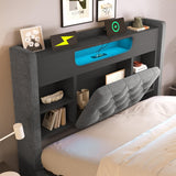 4ft6 Double Upholstered Storage Bed with Hydraulic Lift - LED Lighting & Charging Station, Linen, Grey