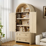 Rattan Effect Sideboard with 2 Drawers - Vintage Storage Cabinet with Arched Design for Living Room and Bedroom, Oak