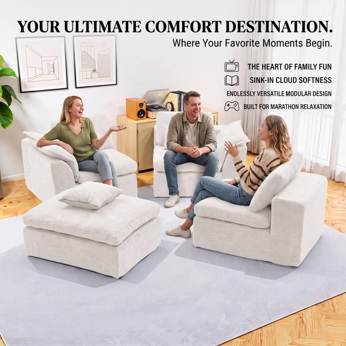 246cm Modular Cloud Sofa with Movable Ottoman - 4 Seater Deep Seat L-Shaped Sofa for Living Room, Bedroom or Apartment