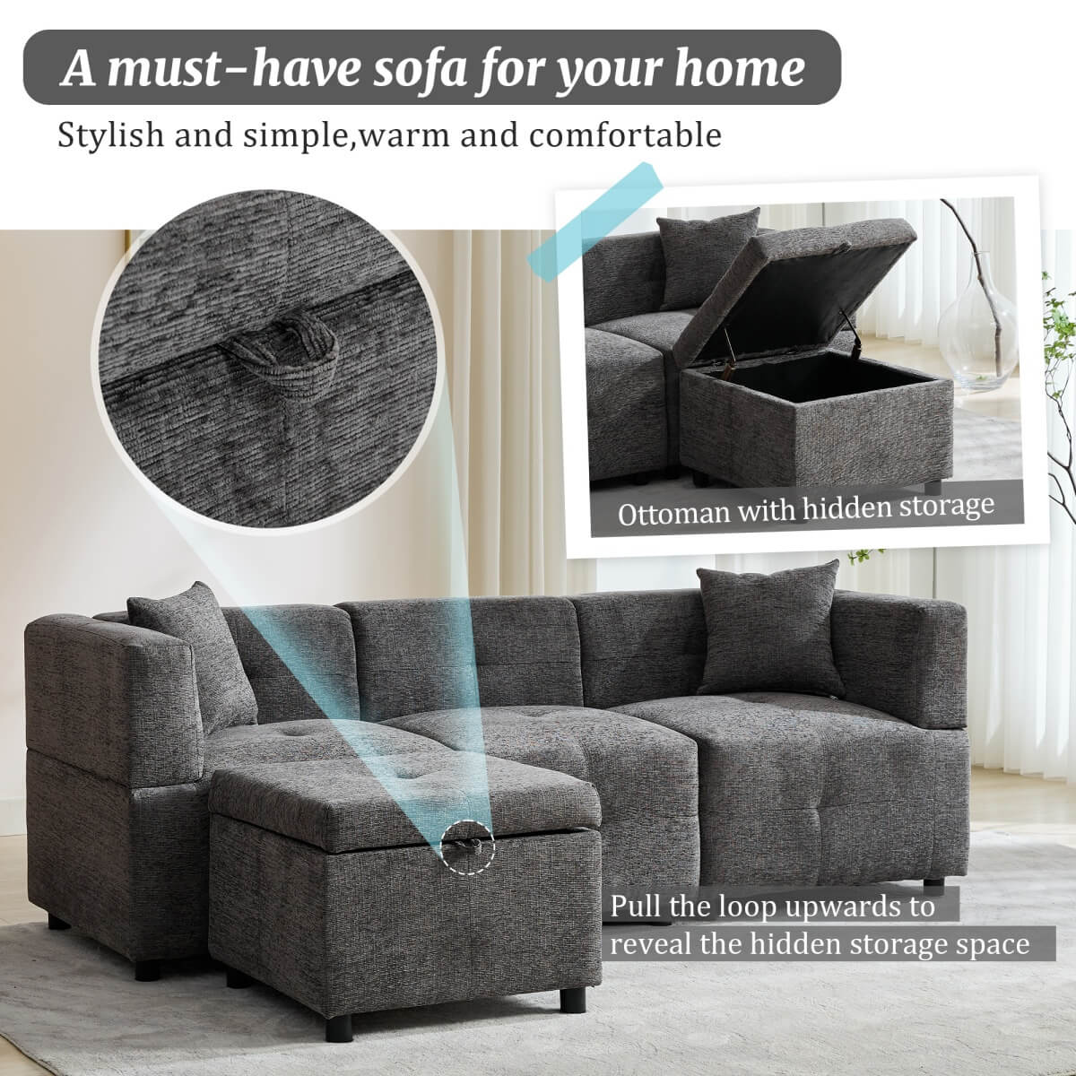 L-Shaped Corner Sofa - 80" Fabric Sectional Sofa with Removable Storage Ottoman & 2 Cushions, Grey
