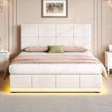 Ottoman Double Bed with LED Lighting, Hydraulic Storage, Adjustable Square Tufted Headboard, Cream White PU Leather (No Mattress)