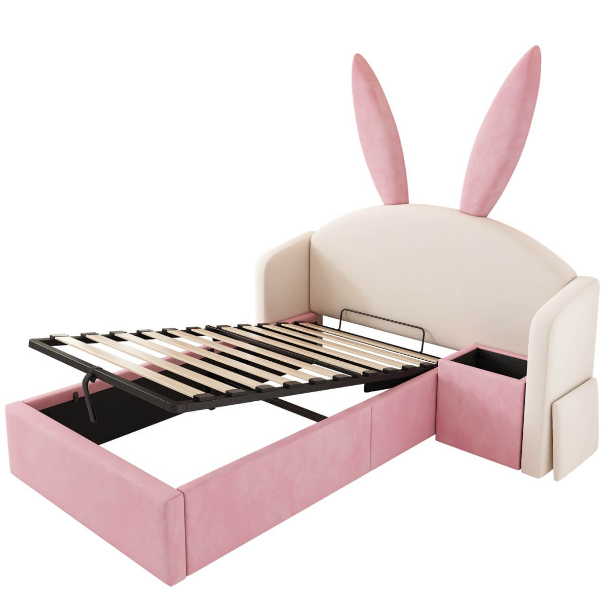 3ft Bunny Ears Kids Storage Bed with Hydraulic Lift & Bedside Shelf - Upholstered Single Bed, Beige & Pink