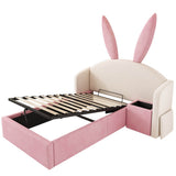3ft Bunny Ears Kids Storage Bed with Hydraulic Lift & Bedside Shelf - Upholstered Single Bed, Beige & Pink