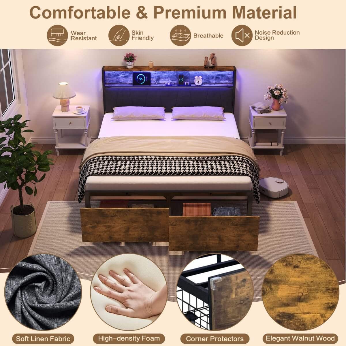 4ft6 Double Bed Frame with RGB LED Headboard - Metal Storage Bed with Charging Station & Drawers, Black Walnut