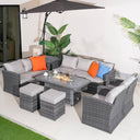 9 Seater Outdoor Rattan Fire Pit Sofa Set - Garden Lounge with Adjustable Height Rectangular Fire Pit Table