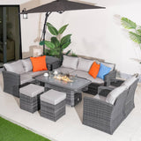 9 Seater Outdoor Rattan Fire Pit Sofa Set - Garden Lounge with Adjustable Height Rectangular Fire Pit Table