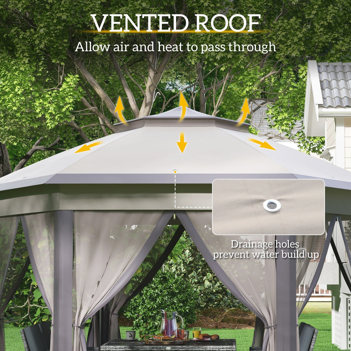 Garden Gazebo Hexagon Pop Up Tent Double Roof Instant Shelter with Netting, Beige