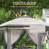 Garden Gazebo Hexagon Pop Up Tent Double Roof Instant Shelter with Netting, Beige