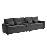 4-Seater Modern Sofa - Grey Linen, Storage Console, Cup Holders & USB/Type-C Charging