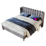 Upholstered Double Bed with USB and Type-C Charging, Bed Frame with Wooden Slatted Frame, Teenager Bed, Grey Linen Material