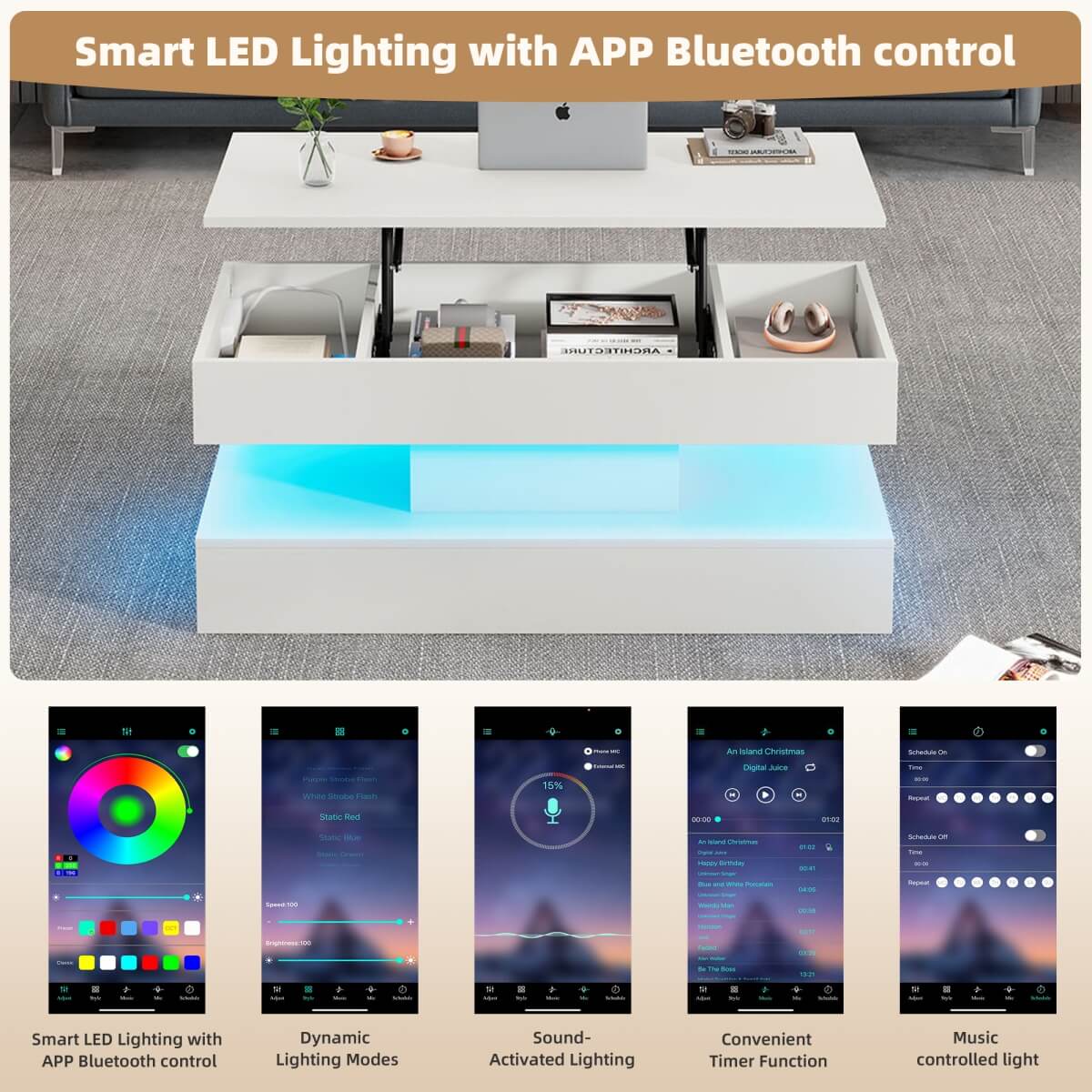LED Lift Top Coffee Table - Modern Storage Table with Hidden Compartment