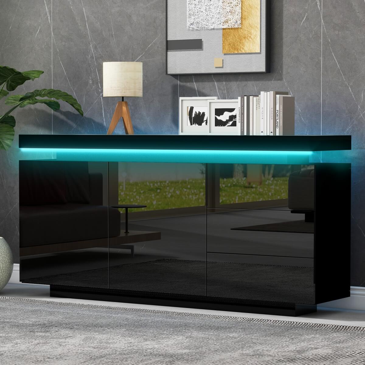 LED Sideboard - High Gloss Cabinet with 2 Doors and 3 Drawers, Black