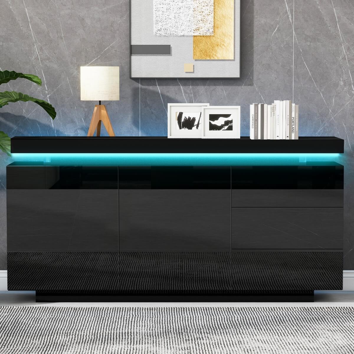 LED Sideboard - High Gloss Cabinet with 2 Doors and 3 Drawers, Black