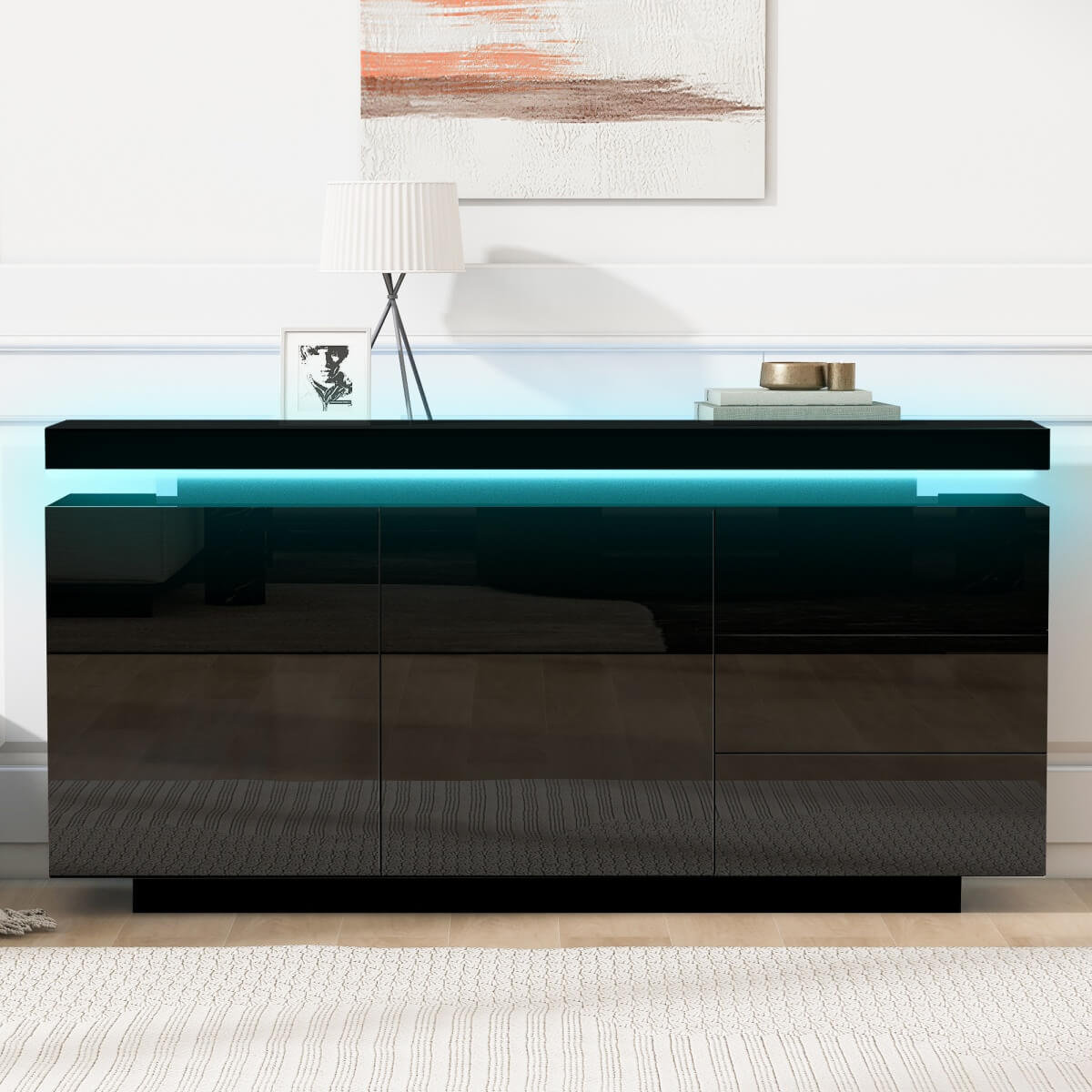 LED Sideboard - High Gloss Cabinet with 2 Doors and 3 Drawers, Black