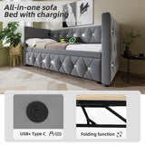 3ft Single Velvet Daybed with Trundle - Sofa Bed with USB & Type C Charging, Grey