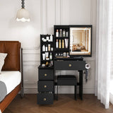 Modern Black Vanity Desk with 3-Mode LED Lighting - Dressing Table with 4 Drawers, Open Storage Shelves, Hair Dryer Holder, Power Socket & Chair