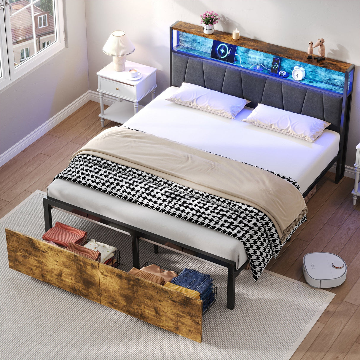 4ft6 Double Bed Frame with 2 Storage Drawers, RGB LED Storage Headboard & Charging Station, Black+Walnut