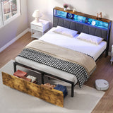 4ft6 Double Bed Frame with RGB LED Headboard - Metal Storage Bed with Charging Station & Drawers, Black Walnut