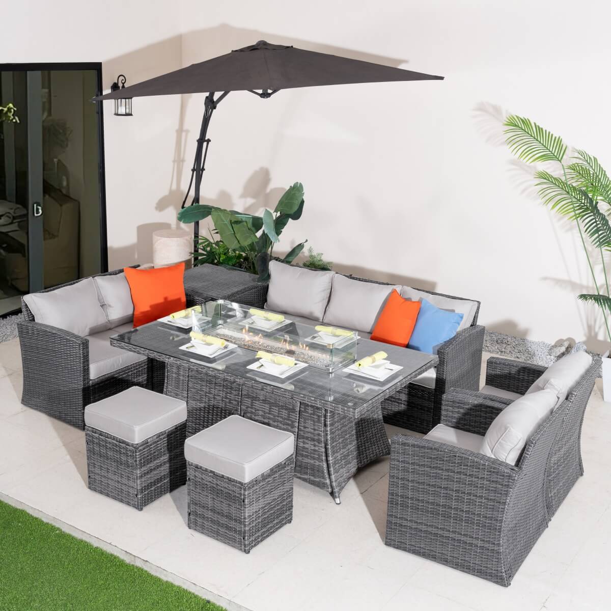 9 Seater Outdoor Rattan Fire Pit Sofa Set - Garden Lounge with Rectangular Fire Pit Table and Side Table with Built-In Storage