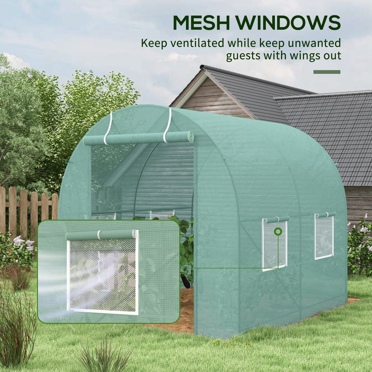 Polytunnel Greenhouse, Walk-in with Roll-Up Door & Windows, Green