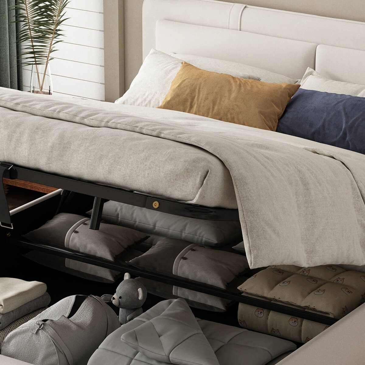 4ft6 Double Upholstered Storage Bed - Hydraulic Lift, Velvet Bed Frame with Removable Headboard, Beige