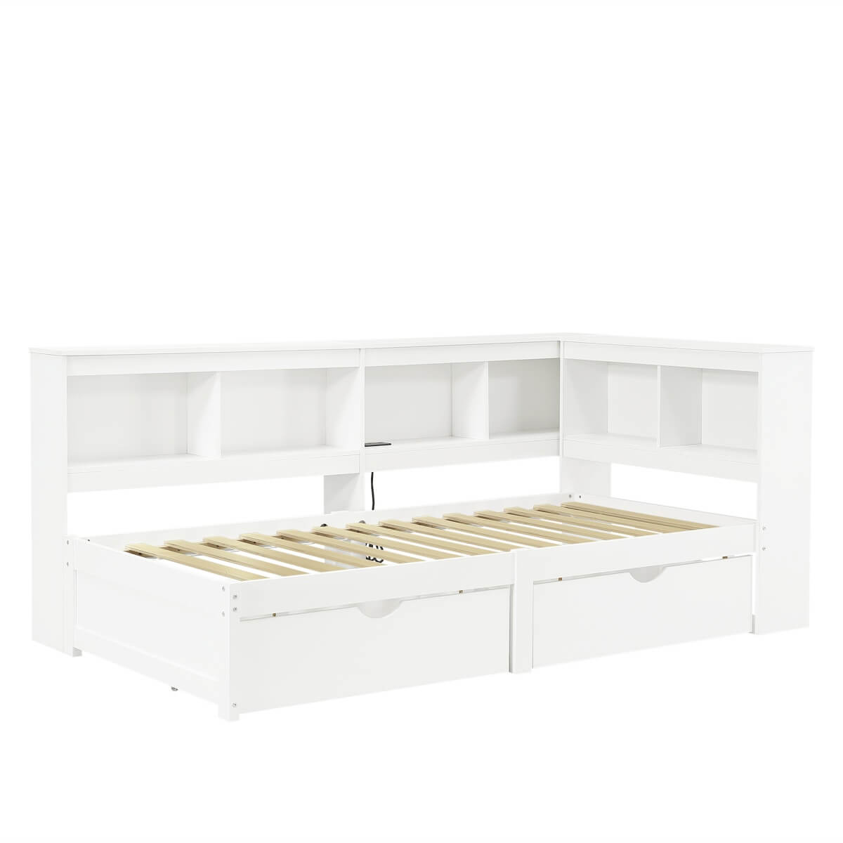 3ft Single L-Shape Daybed with 2 Storage Drawers & Bookcase - Modern Wooden Bed Frame with Charging Station, White