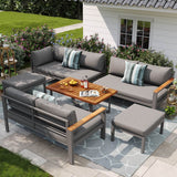 7-8 Seater Rattan Garden Furniture Set - L Shaped Corner Sofa with Coffee Table and Stools, Grey