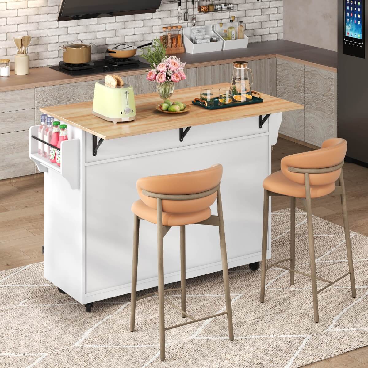 Kitchen Island Trolley with Drop Leaf - Rolling Serving Cart with Storage